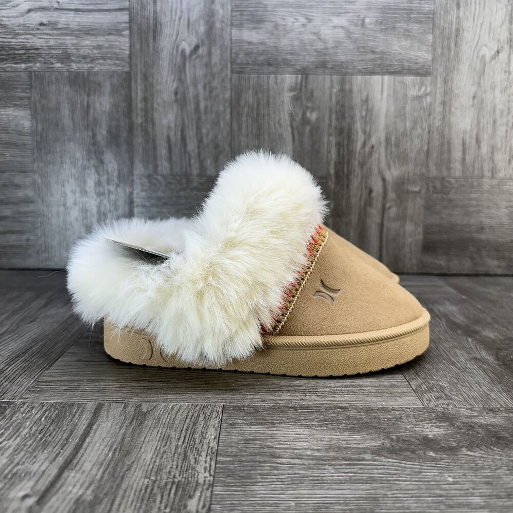 Hurley Kimmie-T Slippers Kids 10 Tan Faux Fur Trim Scuff Cozy‎ NEW